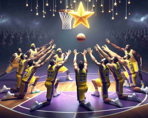 A realistic HD image depicting a metaphorical scene related to basketball where a professional basketball team wearing yellow and purple uniforms, representing the Lakers, is trying to 'catch' a falling star from the sky. The star represents the greatly needed superstar player. The tension, anticipation and concentration on team members' faces are clearly visible. The scene is set in a mesmerizing basketball court under a starry sky.