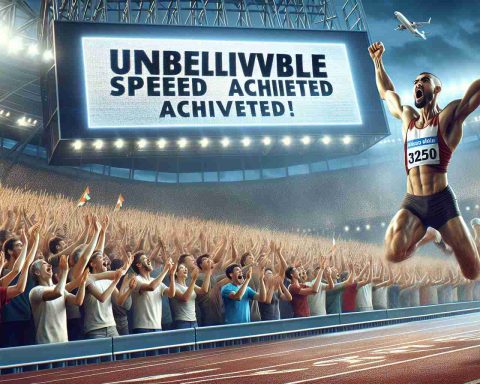 Create a realistic, high-definition image depicting a moment of extreme triumph. The setting is an athletic competition where a world record has just been shattered. The crowd in the stands is in an uproar, with everyone on their feet cheering and clapping. The headline in bold on the jumbotron announces 'Unbelievable Speed Achieved!' On the running track, the athlete, a South Asian man in his prime, is caught in mid-celebration, his face mirroring the incredulity and exhilaration of the moment.