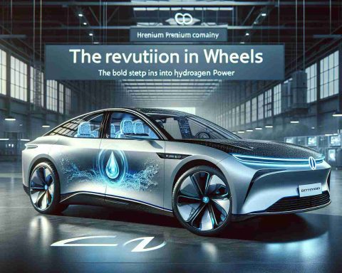 A realistic, high-definition image representing the revolution in wheels, showcasing the bold step into hydrogen power by a generic premium automobile company. The image displays a luxury sedan, elegantly designed, with visible hydrogen power elements such as blue accents, futuristic dashboard, and an emblem of a water droplet to symbolize the use of hydrogen fuel. The car should be displayed against a cutting-edge industrial backdrop to symbolize innovation and advancement.