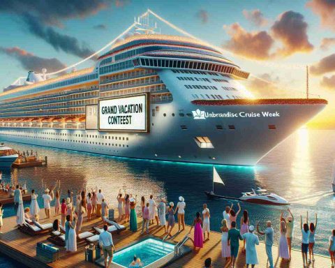 Realistic HD image of an unbranded luxurious cruise ship sailing on vast waters during a special cruise week event. Exemplify an atmosphere of festivity with vibrant decorations, excited guests of diverse backgrounds and genders, and breath-taking views of picturesque sunset in the background. Signage indicating a grand vacation contest must be evident, without mention of any specific commercial entity.