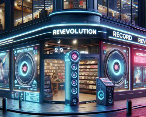 An image showing a futuristic approach to music listening. Within the scene, a Record Revolution store named 'Rosie's' can be seen. The exterior is modern and tech-savvy, with streaming speakers and digital screens displaying album art, picking the curiosity of the passerby. The storefront, illuminated by neon lights, reflects the bustling energy of the city it resides in. There is a sense of realisticness in the image with high-definition details that brings the picture to life.