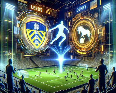 Generate a high-definition, realistic image capturing a virtual sports rivalry set against a futuristic backdrop. The teams are from two cities named Leeds and Derby and they are engaged in a heated match within the digital environment of the Metaverse. Visualize an electrifying atmosphere with highly advanced graphics and digital symbols representing each team. Note that this should follow the art style of realism.