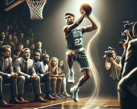 Generate a high-definition, realistic photo representing a scene of an American basketball player, typically playing for Boston-based professional teams, displaying stellar performance on court, illuminating his talent and skill, despite skepticism from critics. The player is tall, athletic, with a concentrated expression as he aims for the hoop, the critics relegated to the background, their disapproval visible but not overpowering the player's brilliance.