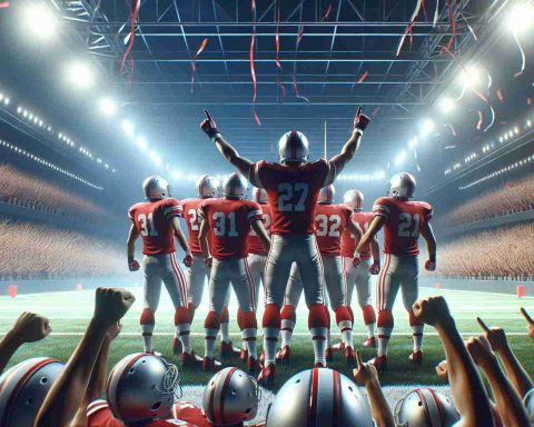 Create a realistic high-definition image representing the concept of a football team, specifically dressed in red and white uniforms, in a victorious pose, suggesting a winning streak. The context should be a packed football stadium roaring with excitement and banners flying to show support.