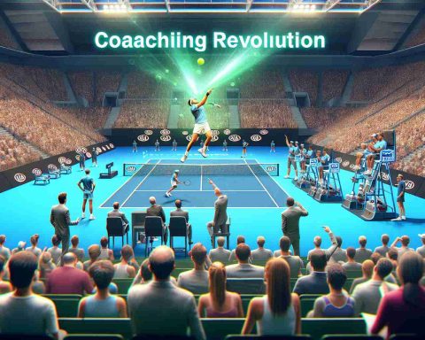 An image of a groundbreaking coaching revolution taking place at the Australian Open tennis championship, presented in realistic high-definition. Could this innovation in coaching techniques change the game forever? The scene is dynamic and filled with palpable anticipation. You can see tennis players on the court, deeply engaged in the game, possibly showing some new techniques or strategies. Coaches are animatedly discussing strategies on the sidelines. The crowd is on the edge of their seats, eager to see how these unique methods will shape the future of tennis.