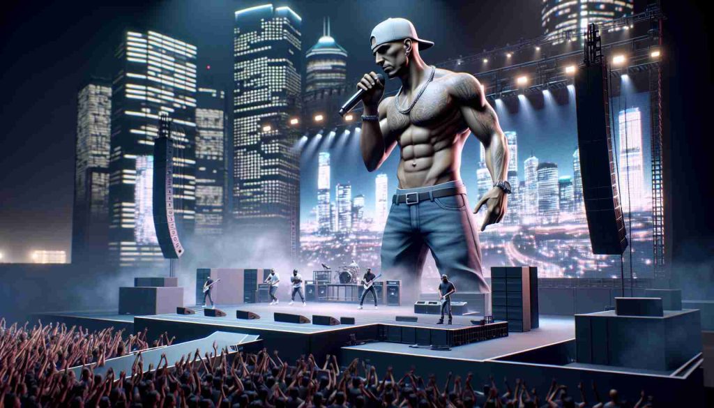 A realistic HD image of a charismatic male and renowned hip-hop artist, who is with a strong physique and notable for his distinct style, performing live on a state-of-the-art stage in Brisbane. The concert is hailed as the future of live music technology. The setup exhibits an array of impressive technological advancements and is seen by many as ushering in a new era of live music performances.