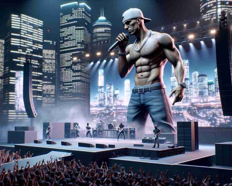 A realistic HD image of a charismatic male and renowned hip-hop artist, who is with a strong physique and notable for his distinct style, performing live on a state-of-the-art stage in Brisbane. The concert is hailed as the future of live music technology. The setup exhibits an array of impressive technological advancements and is seen by many as ushering in a new era of live music performances.