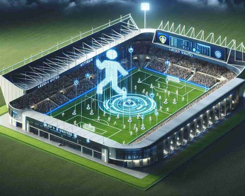 Realistic, high-definition image showcasing a concept of how artificial intelligence is revolutionizing football. Picture a football stadium dedicated to Leeds United, with an animated graphical representation of AI overlaid on the field, indicating strategic plays and movements. Show Leeds United players engaged in a training session whilst interacting with a futuristic AI system distributed all over the field, tracking their movements, strength, speed, and skill, and optimizing their performance in real time.