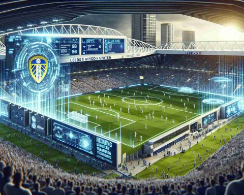 Realistic high-definition image depicting the future of Leeds United with a high-tech revolution. Visualize the new era of football with advanced technology integrating into the sporting scene. Anticipate a modernized stadium bustling with activity, cutting-edge technologies transforming how the game is played and viewed. The stadium's digitally-updated scoreboard showing updated standings, possibly with augmented reality or holographic displays. The image should convey a sense of excitement and anticipation about the potential changes and growth in the sport.