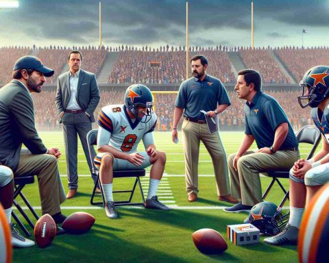 High-definition, lifelike illustration of a suspenseful scene on a Texas football field. The atmosphere is tense as coaches, diverse in descent and gender, engage in an intense discussion. They're at a crossroads, contemplating whether to bench their top kicker, depicted with his helmet off, anxiously awaiting the decision. The backdrop includes spectators eagerly watching the scene unfold.