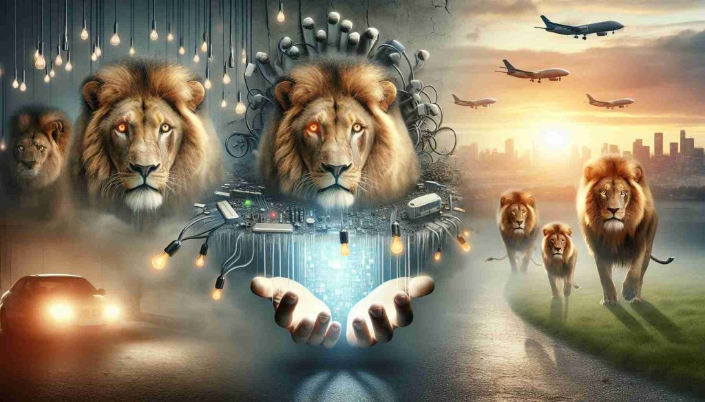 Create a photo-realistic and high-definition scene illustrating the unexpected technological solution that rekindles the hopes of lions. The image should detail the emotions of the lions, exhibiting despair turning into curiosity and potential hope. The technology can be represented symbolically or realistically involving either modern gadgets or futuristic devices.