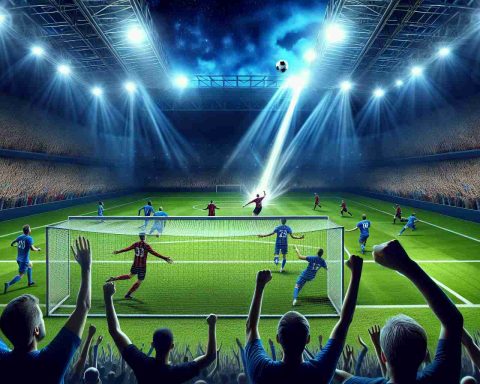 Create a highly realistic image of an exciting, unexpected event during a football match between two fictitious professional football teams. Illustrate the magic of the final moments, where the blue-clad team scores a miraculous, game-changing goal against the team in red and black stripes. The stadium is filled with cheering fans, capturing their surprise and elation at this sudden, incredible comeback.