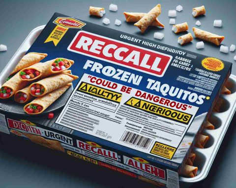 Generate a realistic high-definition image showcasing an 'Urgent Recall Alert' notice. The alert should prominently feature 'Frozen Taquitos' and a cautionary message indicating that they 'Could Be Dangerous'. This includes the image of the product, possibly a package of frozen taquitos, a large, bold 'Recall Alert' headline, and supporting text detailing potential hazards.