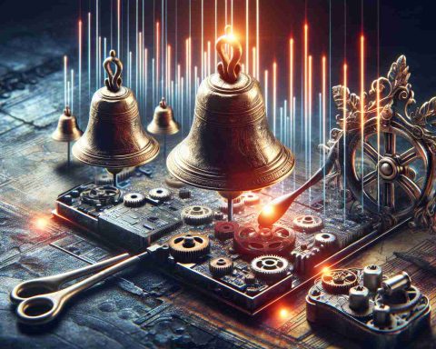 Create an imagery rich scene showcasing a high definition image that combines elements of ringing bells and cutting-edge technology in a quest-like setting. Symbolically link this technological journey to the potential of silencing tinnitus, a common hearing disorder. Include intricate details like the antique texture of the bells, the sleek design of the high tech gear, and let the atmosphere have an air of hope for a scientific breakthrough.