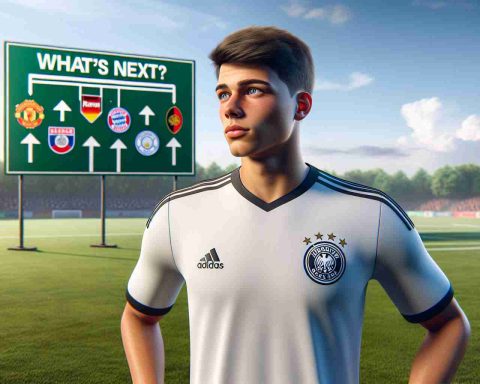 A high-resolution, realistic image of a fictional young professional soccer player, who bears a strong resemblance to a typical German youth. The player is standing on a football field, facing the horizon. Beside him is a large sign that reads 'What's Next?' and a series of potential transfer options drawn as symbols of different football clubs on the horizon.