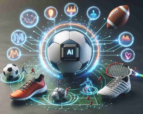 Create a realistic HD image of a conceptual representation that 'AI is not just a strategy but it's the future of sports'. Perhaps show an AI chip integrated into a variety of sports equipment like a soccer ball, a baseball bat, a running shoe, or a swim cap. It might also have sports statistics displayed around them in holographic projections, symbolizing AI's role in data analysis and strategy development in future sports.